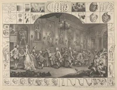Analys av skönheten, platta II; En lantlig dans av William Hogarth