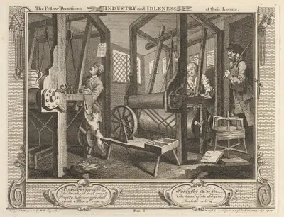 Plansch 1, Lärpojkarna vid sina vävstolar av William Hogarth