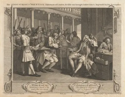 Tavla 10, Den flitige lärlingen är Londons borgmästare, den late förs inför honom och anklagas av sin medbrottsling av William Hogarth