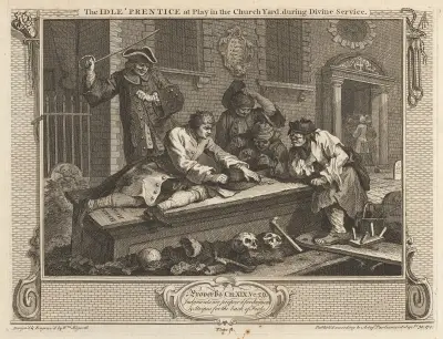 Platta 3, Den late lärlingen leker på kyrkogården under gudstjänsten av William Hogarth