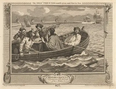Plansch 5, Den late lärlingen avvisas och sänds till sjöss av William Hogarth