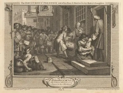 Plate 6, The Industrious ‘Prentice Out of his Time and Married to his Master’s Daughter von William Hogarth