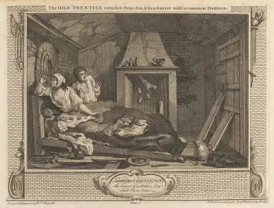 Plate 7, The Idle ‘Prentice Returned from Sea and in a Garret with a Common Prostitute von William Hogarth