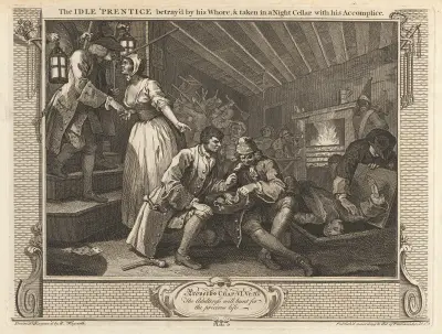 Plate 9, The Idle ‘Prentice Betrayed by his Whore and Taken in a Night Cellar with his Accomplice von William Hogarth