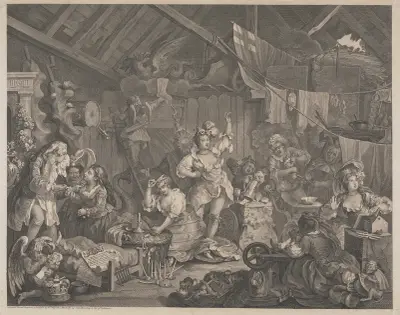 Strolling Actresses Dressing in a Barn av William Hogarth