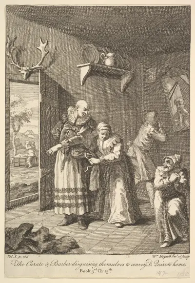 Kyrkoherden och barberaren som klär ut sig för att föra Don Quijote hem av William Hogarth