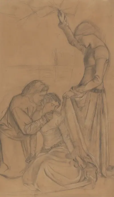 Kompozycja z trzema postaciami w ogrodzie, William Morris