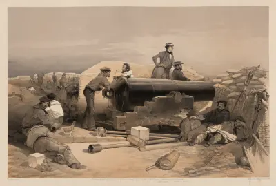 A quiet day in the diamond battery – portrait of a Lancaster 68 pounder, 15th Decr. 1854 av William Simpson