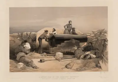 Ein stiller Tag in der Diamantbatterie – Porträt eines Lancaster-68-Pfünders, 15. Dezember 1854 von William Simpson