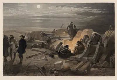 A quiet night in the batteries – a sketch in the Greenhill battery (Major Chapman’s), 29th Jany. 1855 av William Simpson