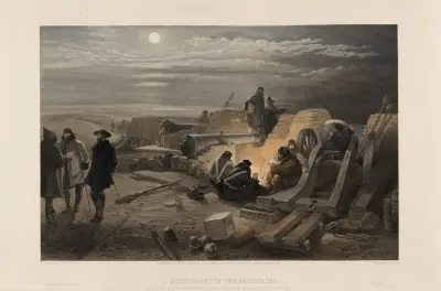 En tyst natt i batterierna – en skiss från Greenhillbatteriet (Major Chapmans), 29 januari 1855 av William Simpson