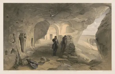 Excavated church in the caverns at Inkermann, looking west av William Simpson