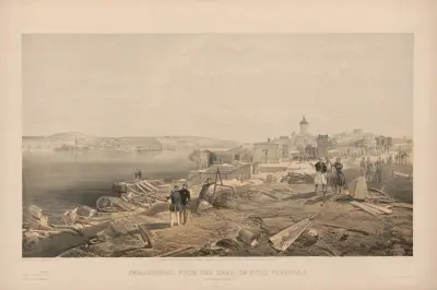 Sevastopol ze zadní části pevnosti Nicholas, pohled na jih, 1856, William Simpson