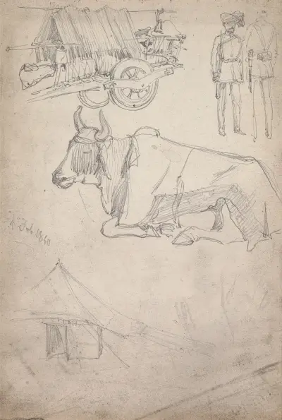 Skisser av en kärra, soldater och en oxe av William Simpson