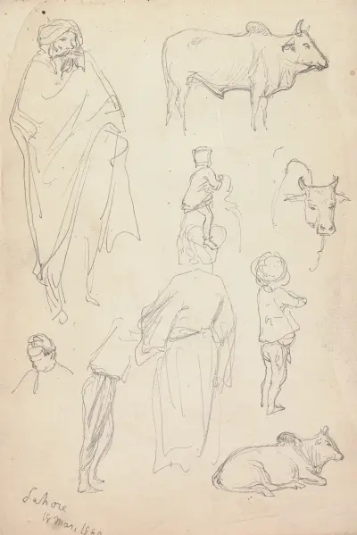 Sketches of Standing Figures and Bulls, Lahore av William Simpson