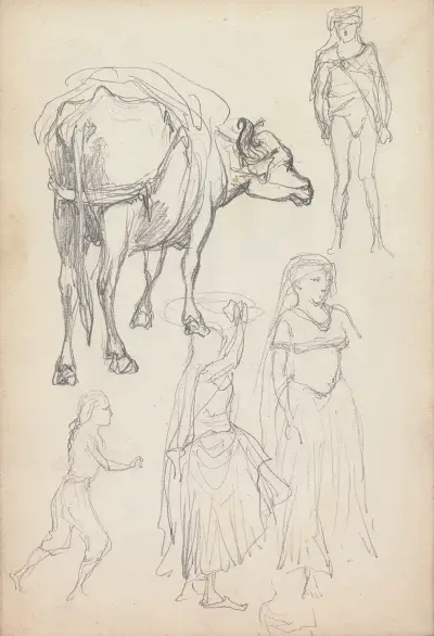 Studie av en oxe och stående figurer av William Simpson