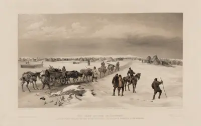 Das Lager der 1. Division, nach Norden zum Lager der 2. Division blickend – die Höhen von Inkermann in der Ferne, 1856 von William Simpson