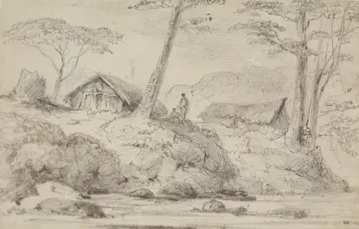 Huts at the Mangaroa Bridge av William Swainson