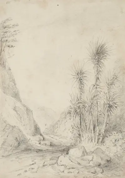 Termination of the second gorge,looking back, Upper Hutt av William Swainson