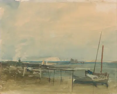 Coast Scene with White Cliffs and Boats on Shore av Joseph Mallord William Turner