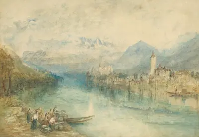 Looking towards Lake Thun, from opposite Scherzligen, with Schloss Schadau and the Niesen in the distance, Switzerland av Joseph Mallord William Turner
