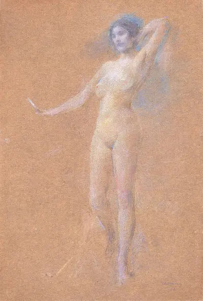 Stående naken flickfigur av Thomas Wilmer Dewing