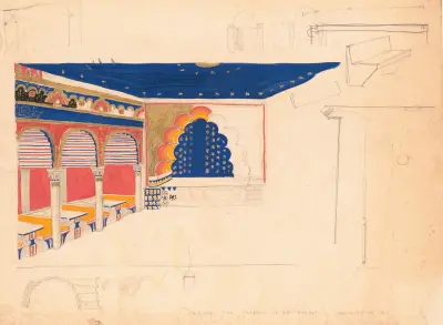 Design drawing for a restaurant (‘Madrillon Restaurant’), Washington, D.C.] [Interior perspective of arcade and stage von Winold Reiss