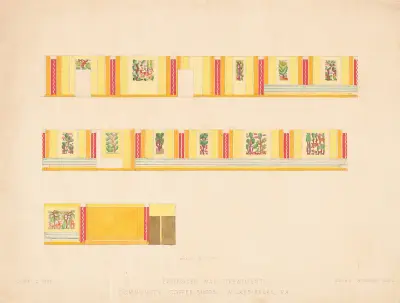 Design drawings for Community Coffee Shops, Wilkes-Barre, PA.] [Proposed wall treatment, interior elevation color study with bosky murals av Winold Reiss
