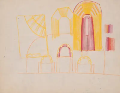 Design drawings for miscellaneous interiors, some possibly related to the Hotel St. George, New York, NY. Sketch for miscellaneous interior av Winold Reiss