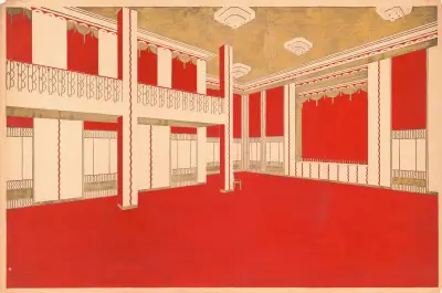 Design for unidentified ballroom, probably New York City area.] [Perspective rendering in vermillion and gold av Winold Reiss
