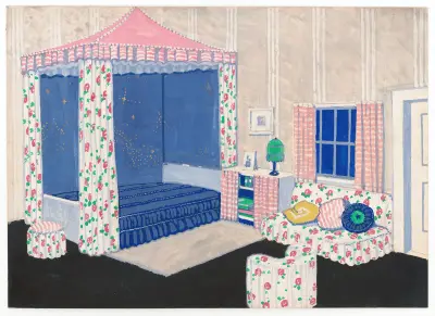 Design for unidentified bedroom with canopy bed.] [Interior perspective elevation av Winold Reiss