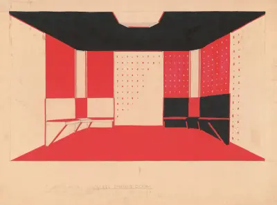 Design for unidentified building ‘Small Dining Room’.] [Drawing of dining room with benches, in black, vermillion and white, bilaterally positive and negative coloring av Winold Reiss