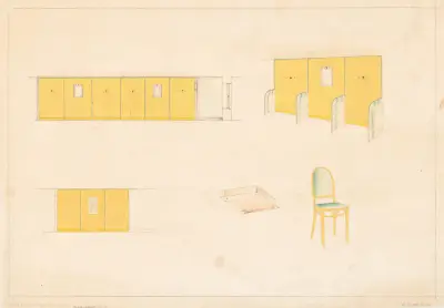 Design for unidentified caf ̌with green and yellow trim.] [Design with tulip stencils, upholstered bentwood chair in green and yellow color scheme av Winold Reiss