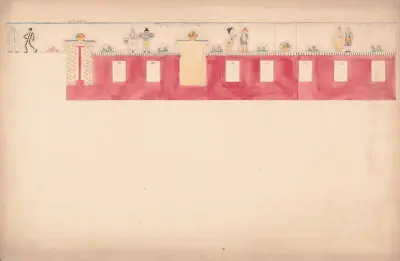 Design for unidentified commercial interior, possibly restaurant or bakery. Elevation with frieze of paired figures av Winold Reiss