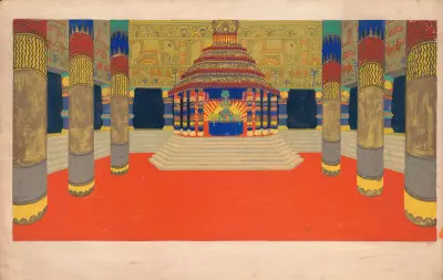 Design for unidentified interior.] [Drawing of columned hall with altar on a stepped plinth and decorative frieze featuring elephants av Winold Reiss