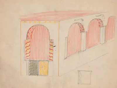 Design sketches for Crillon Restaurant, New York, NY. Perspective of interior av Winold Reiss