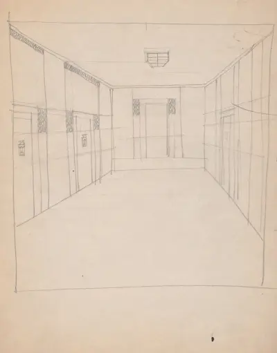 Designskisser för Hotel Alamac, 71st and Broadway, New York, NY. Plan av hallway av Winold Reiss