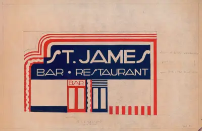 Designs and photographs for alterations to St. James Bar Restaurant, W. 181st St. and Broadway, New York, NY.] [Study of exterior elevation av Winold Reiss