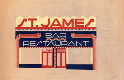 Designs and photographs for alterations to St. James Bar Restaurant, W. 181 St. and New York, NY.] [Study of exterior elevation av Winold Reiss