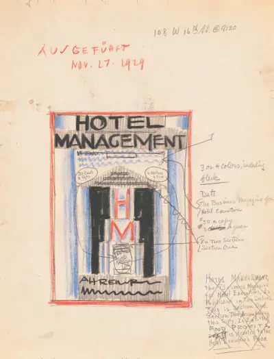 Designförslag till omslag för Hotel Management Magazine av Winold Reiss