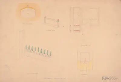 Designs for interior of Shoreham Restaurant. Perspectives and elevations for ceiling lamp, show window, window sign, staircase, and screen renderings av Winold Reiss
