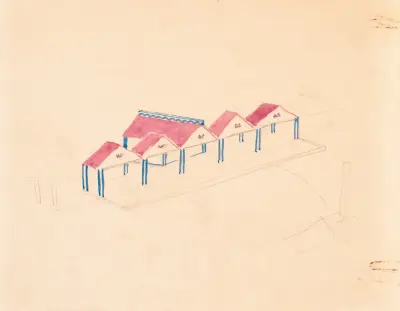 Designs for roadhouse or terrace restaurant. Perspective elevation showing terrace av Winold Reiss