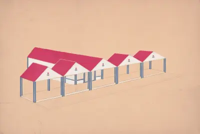 [Designs for roadhouse or terrace restaurant.] [Scheme [B] with a T-plan, 5- bays, with painted tulips in the pediments. av Winold Reiss