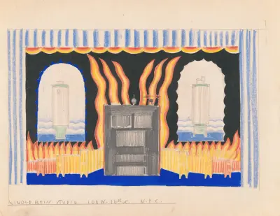 Designs for staged commercial or trade exhibition displays of coal-fired water heaters and furniture.] [Perspective sketch featuring flames av Winold Reiss