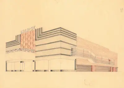 Návrhy pro Puck Theater (později Elgin Movie Theater, poté Joyce Movie Theater), New York, NY.] [Studie vnější perspektivy, 1941 – Nr. 4, Winold Reiss