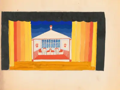 Designs for theater with black-framed proscenium and boldly colored settings.] [Study for stage light wall decoration, possibly for Caf ̌Crillon (277 Park Avenue) av Winold Reiss