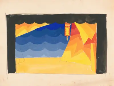 Designs for theater with black-framed proscenium and boldly colored settings.] [Study for stage light wall decoration, possibly for Caf ̌Crillon (277 Park Avenue)… av Winold Reiss