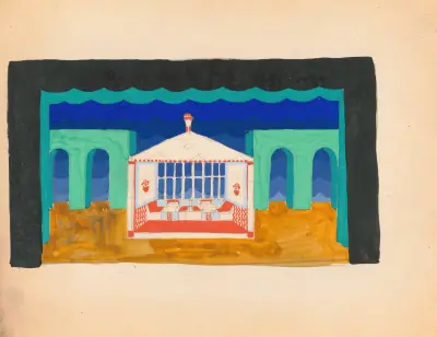 Designs for theater with black-framed proscenium and boldly colored settings.] [Study for stage light wall decoration, Caf ̌Crillon (277 Park Avenue) av Winold Reiss