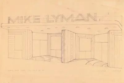 Ritningar för föreslagna dekorationer av Mike Lymans restaurang, 424 W. Sixth St. Los Angeles, CA. Perspektiv av entré av Winold Reiss