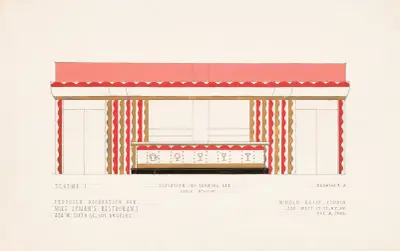 Drawings for proposed decorations of Mike Lyman’s Restaurant, 424 W. Sixth St. Los Angeles, CA.] [Scheme 1; elevation – K – showing bar von Winold Reiss